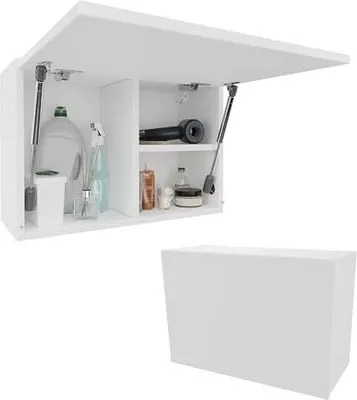A white wall-mounted cabinet with its door open, revealing various cleaning and cosmetic products inside.