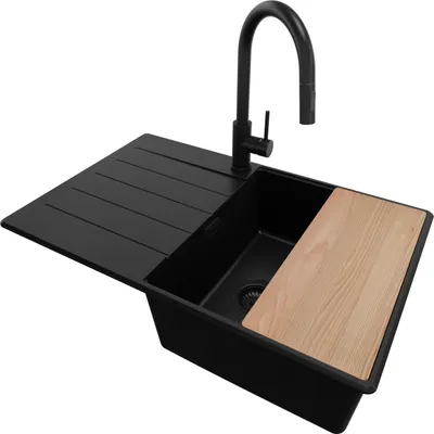 Produktbild von PRIMAGRAN Granitspüle Alles Schwarz 78x50cm, Spülbecken 1 Becken + Ablauf-Set + Küchenzubehörset, Küchenspüle ab 50er Unterschrank - Kopenhagen
