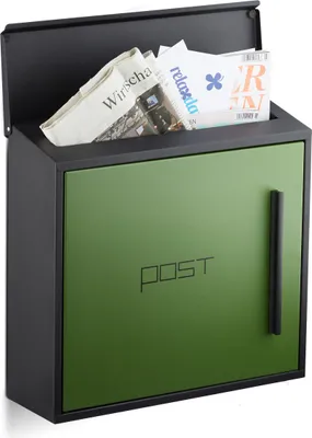 Immagine prodotto di Cassetta postale Relaxdays verde, design moderno bicolore, apertura per fogli A4, acciaio, grande, A x L x P: 33 x 35 x 12,5 cm, nero-verde