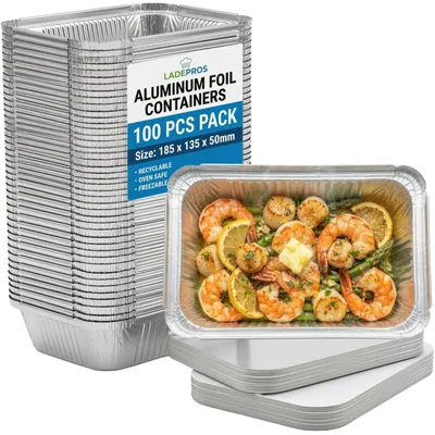 Immagine prodotto di Omgoods - 100 contenitori in alluminio per griglia - 700 ml, ideali per cottura al forno e alla griglia