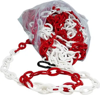 Produktbild von UvV Absperrkette Kunststoff Style Oval 25 Meter mit 8mm Stärke in rot und weiß + 2 schwarzen Kettenhaken zur einfachen Befestigung der Absperrkette