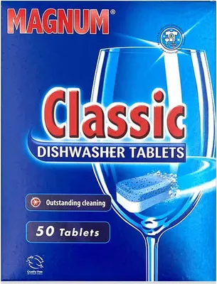 Produktbild von MAGNUM Spülmaschinentabs Classic – 250 Stück (5x50er Pack), Phosphatfrei, Wasserlösliche Folie, 10-in-1 Formel, Geschirrspüler Reiniger für Glänzendes