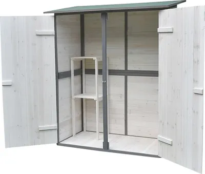 An open wooden shed with shelves inside, shown against a white background.
