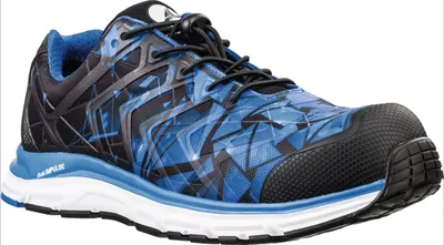 A single blue and black athletic shoe is shown against a white background.