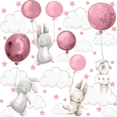 Produktbild von Muralo Wandaufkleber Set für Kinderzimmer KANINCHEN Hasen Wolken Sterne Ballons 120x60 cm