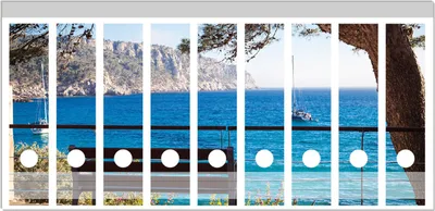 Produktbild von Wallario Ordnerrücken Sticker, selbstklebend für breite Ordner, 9 Stück, Motiv Einsame Bank am Meer - Spanien im Sommer