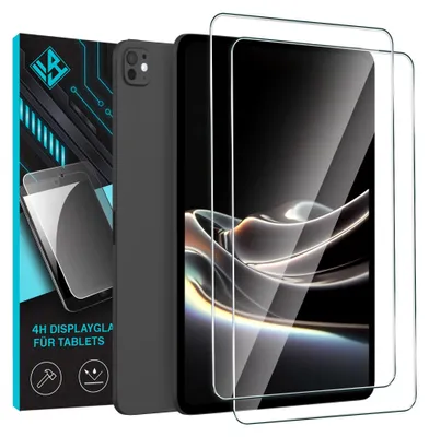 A product shot of screen protectors for a tablet, with packaging and the tablet itself visible.