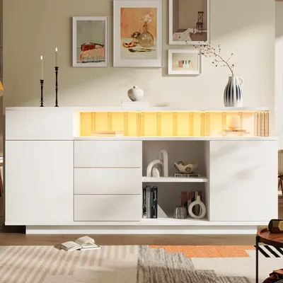 Immagine prodotto di Comò Flieks per il soggiorno con illuminazione LED, mobile contenitore con 4 cassetti e ripiani regolabili, credenza 160x40x75 cm, bianco