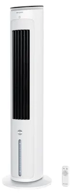 A white tower fan with a black grille and a remote control.