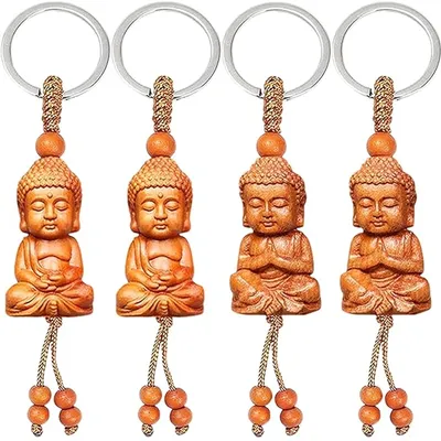Image de Porte-clés Bouddha, sculpture en 3D, lot de 4, petite décoration, porte-bonheur pour voiture