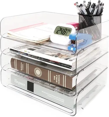 Imagen del producto de Uniqoos®: Archivador de acrílico transparente de 4 compartimentos, apilable – Caja organizadora para documentos A4, ideal para oficina, escuela y hogar
