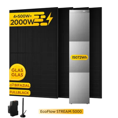 Produktbild von Powerness® Balkonkraftwerk mit Speicher 15072Wh, EcoFlow Stream 5000 Speicher mit 2x EB 5000 Zusatzbatterie, 4x 500Wp Solarmodule+Smart Meter