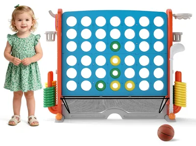 Productafbeelding van 4-in-1 reuzenspelset, inclusief vier winnen, basketbal, ringworp en golfspel