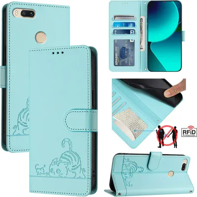 Produktbild von Leder Hülle für Xiaomi Mi A1 / Mi 5X Süße Katze Flip Case Brieftasche Schutzhülle mit Standfunktion hellgrün