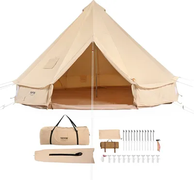 Immagine prodotto di Tenda a campana 4 x 2,5 m Tenda yurta TC in cotone e robusti pali in ferro con telo di fondo in PVC Tenda da campeggio 6 persone tenda per famiglie 8 finestre tenda per gruppi per avventure all'aperto