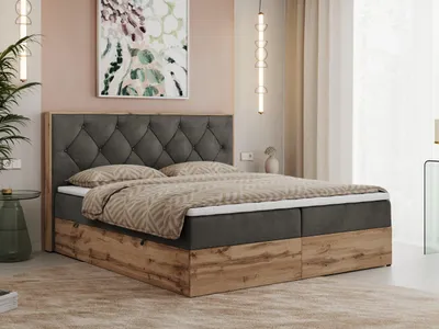 Obrázek produktu pro Boxspring, Moderní postel VENETO Kompletní set s Topperem - 200x200 cm - Středně tvrdé materace H3 | Šedá Samet - Topper T25