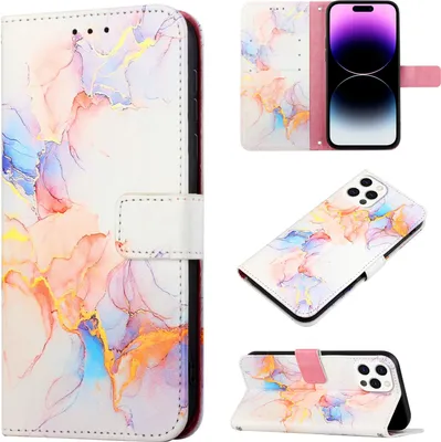 Produktbild von iPhone 14 Pro Hülle, Marmor Motiv Kunstleder Tasche Wallet Kartenfächer mit Standfunktion Klapp Schutzhülle für iPhone 14 Pro Bunt