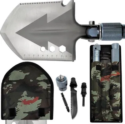 Image de Pelle multifonctionnelle - Pelle de survie pour les activités de plein air et la survie - Acier inoxydable avec scie, couteau, silex et plus encore - Pelle de survie compacte pour le camping