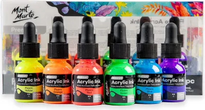 Produktbild von Mont Marte Set farbiger Acryltinten Premium FLUO, 6x20ml, PP-Verpackung