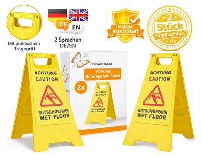 Produktbild von 2 x Achtung Rutschgefahr Schild 60 cm x 21/30 cm – Warnschild für Nässe und Glätte Vorsicht Rutschgefahr Aufsteller