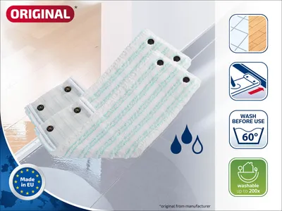 Product image showing mop pads with various icons and text indicating features and usage.