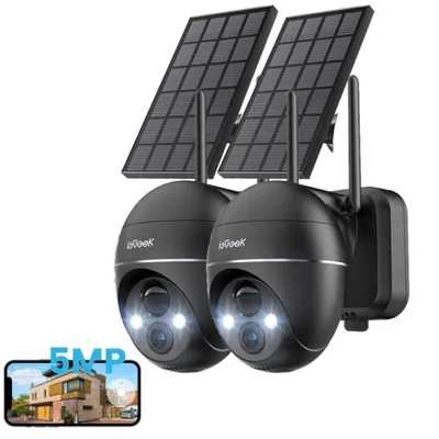 Image de Caméra de surveillance ieGeek 5 MP, Wi-Fi, pour l'extérieur, sans fil, solaire, PTZ 360°, batterie, 2,4 GHz, vision nocturne couleur, détection PIR, audio bidirectionnel, 2 pièces