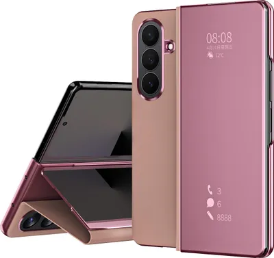 Image de Etui pour Samsung Galaxy Z Fold 7 coque miroir transparente, support en cuirPolyuréthaneRose or