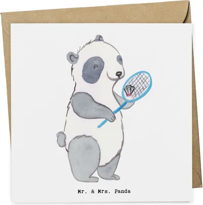 Produktbild von Mr. & Mrs. Panda Grußkarte Panda Badminton  - Weiß - Geschenk, spielen, anlasskarte, faltkarte, Glückwunschkarte, doppelkarte, Klappkarte