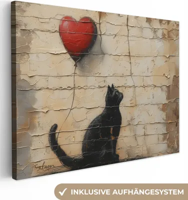 Produktbild von Wanddeko 80x60 cm - Banksy - Katze - Luftballon - Straßenkunst - Abstrakt, Wandbilder, Wanddeko Wohnzimmer