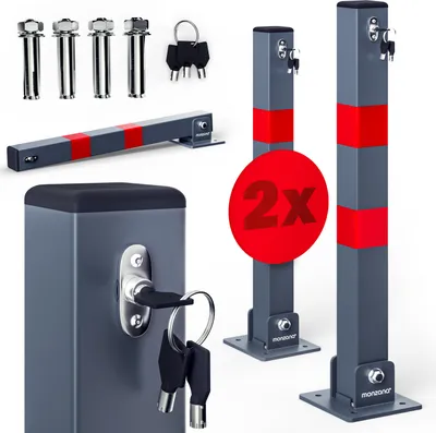 Produktbild von DEUBA® 2x Parkpfosten Parkplatzsperre 3 Schlüssel Sperrpfosten klappbar Stahl Robust Standfuß Stabil Park Poller Set