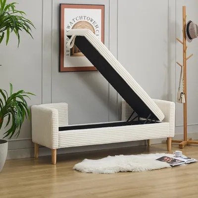 Image de Banc de rangement en velours côtelé avec accoudoirs - Beige