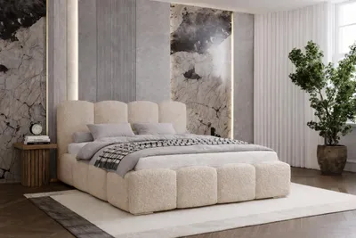 Produktbild von Doppelbett 180x200 Zenna - dickem Schaumstoff, Bett mit Bettkasten und Lattenrost - Bouclé Beige (Lambi 6)