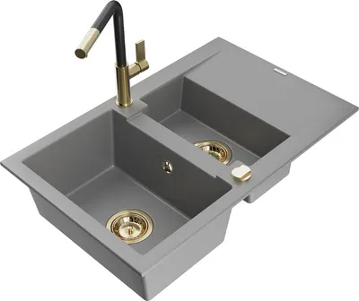 Produktbild von Mexen Gaspar 1,5-Becken-Granitspüle mit Abtropffläche und Mischbatterie Flora, Grau - 6507-71-670401-57-G
