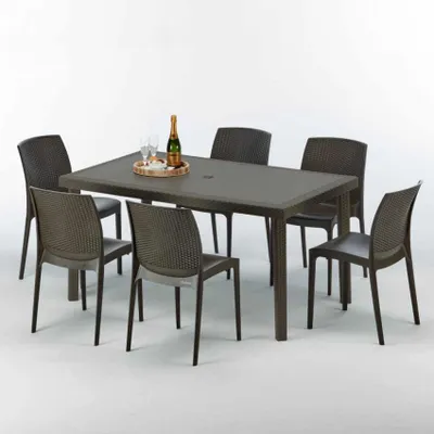 Produktbild von Polyrattan Tisch Rechteckig mit 6 Bunten Stühlen 150x90 Braun Focus