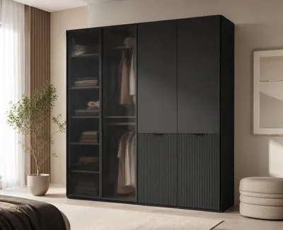 Produktbild von MOEBLO Drehtürenschrank Minewra Flutes 200 cm, Falttürenschrank 4-türig, Schrank mit Einlegeböden und Kleiderstange, Schlafzimmer - Schwarz