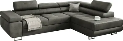 Produktbild von Ecksofa Miami mit Schlaffunktion und Bettkasten, Sofa L-form, Couch L-form Velourstoff Grau Ottomane Rechts