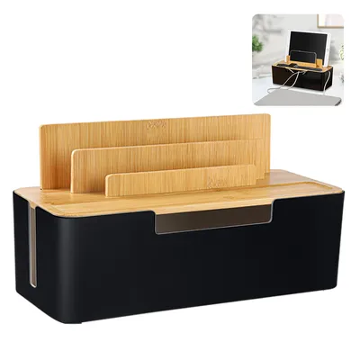 Produktbild von Kabelmanagement Box mit Bambusdeckel, Kabel Organizer für ordentliches Verstauen, Steckdosenbox für Schreibtisch, für Mobiltelefone, Tablets, Schwarz