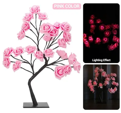 Produktbild von LED Rosenbaum Tischlampe mit USB, künstliche Rosenblüten, warmweiß – 33 cm Dekolicht