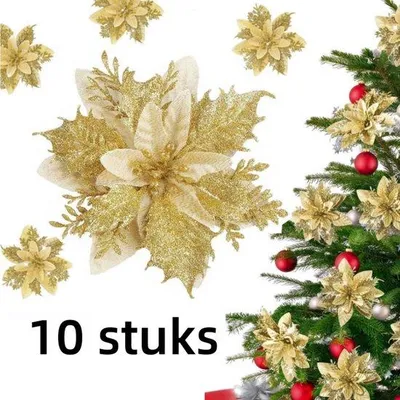 Produktbild von 10 Stück Kunstblumen Weihnachtsdekoration für Weihnachtsbaum - Gold - mit Clip