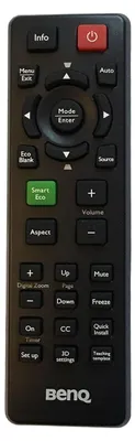 A black remote control for a BenQ projector.