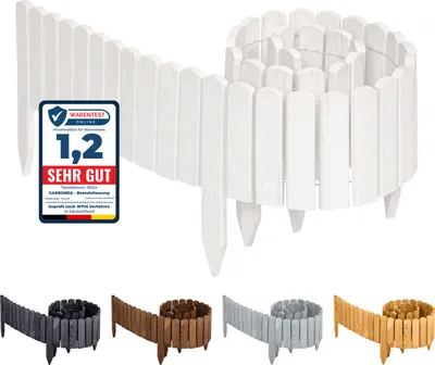 A white wooden garden border fence is shown coiled and uncoiled, with a seal of approval on the left. Below are four other colors of the same product.