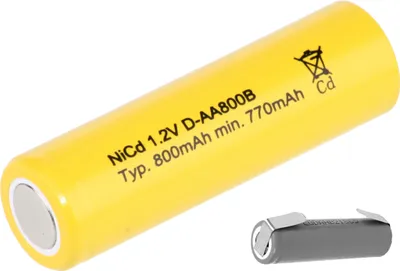 A yellow AA battery and a smaller gray battery component are shown against a white background.