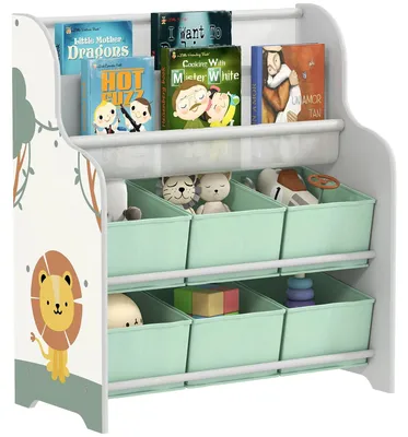 Image de Étagère de rangement pour jouets pour enfants - Étagère de rangement pour chambre d'enfant - 6 boîtes en tissu, 2 étagères ouvertes, 3 niveaux, 63x30x71 cm, vert