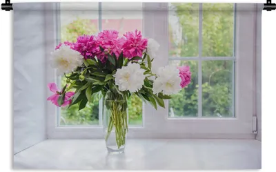 Produktbild von MuchoWow® Wandteppich Wandbehang Blumen - Pfingstrosen - Vase 120x80 cm Tapisserie Dekoration Wandtuch - Wanddekorationen - Wandtücher
