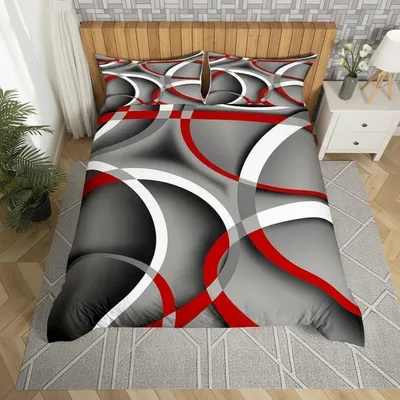 Productafbeelding van Bettenset 200x200 cm, microvezel, rood, grijs, cirkelmotief, meerkleurig, 3-delig