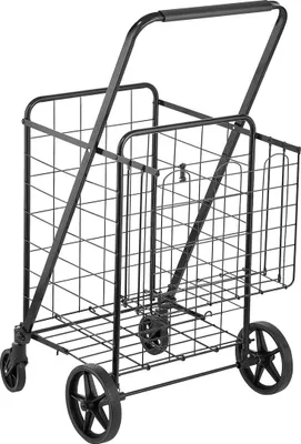 Image de Chariot de courses pliable, chariot de courses jumbo avec deux paniers, roues pivotantes à 360°, chariot utilitaire robuste, chariot utilitaire de grande capacité (50 kg) pour la lessive, les courses, les achats alimentaires, les bagages