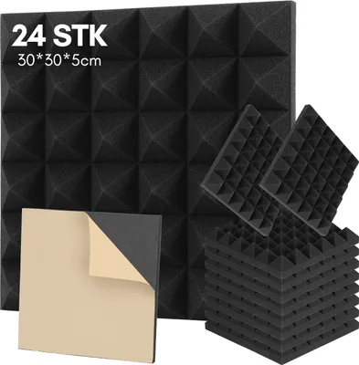 Produktbild von Clanmacy 24 Stück Akustikschaumstoff Akustikschaum Matten Pyramide 30 x 30 x 5cm  Schalldämmmatten zur effektiven Schaumstoff Fliesen Schwarz