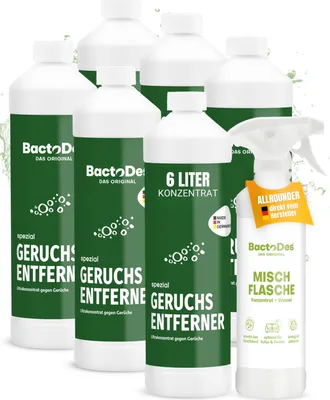 Produktbild von BactoDes Spezial Geruchsentferner 6 L I Enzymreiniger mit biologischer Mikrobenkraft & Tiefenwirkung inkl. Spray-Mischflasche I Effektiver Geruchsneutralisierer für Haus, Auto & Textilien