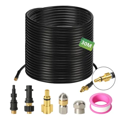 Obrázek produktu pro Vysokotlaká hadice na čištění potrubí Hengda, 30 m, 160 bar, kompatibilní s Kärcher, K2, K3, K4, K5, K6, včetně adaptéru, pevné + rotační trysky