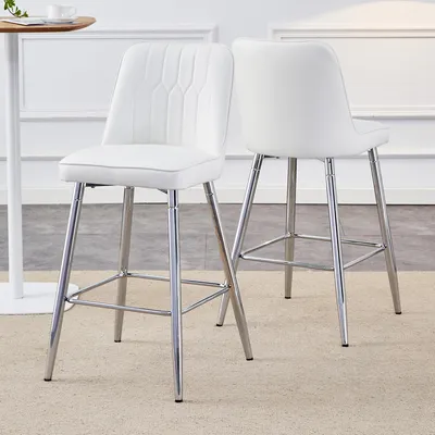 Image de Lot de 2 tabourets de bar, 100 cm, cuirPolyuréthaneblanc, pieds en métal argenté, repose-pieds
